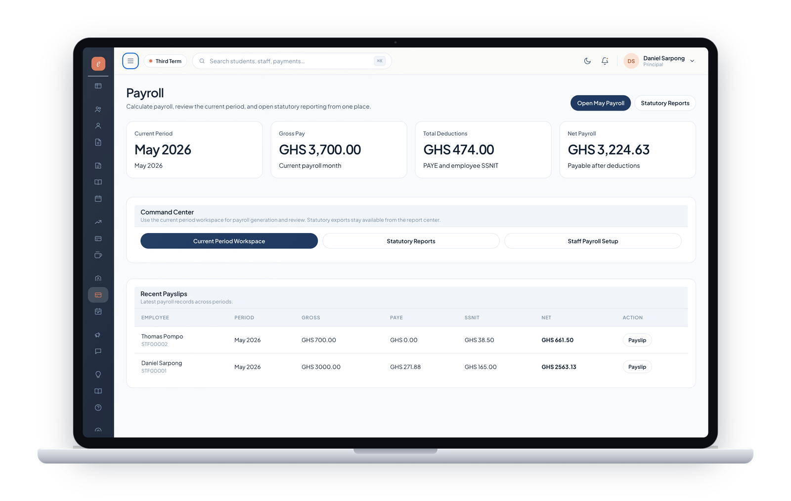 EduCore payroll view for school staff records