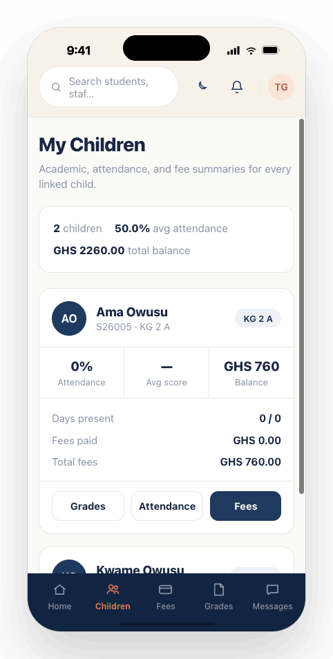 EduCore parent view showing children linked to one family account